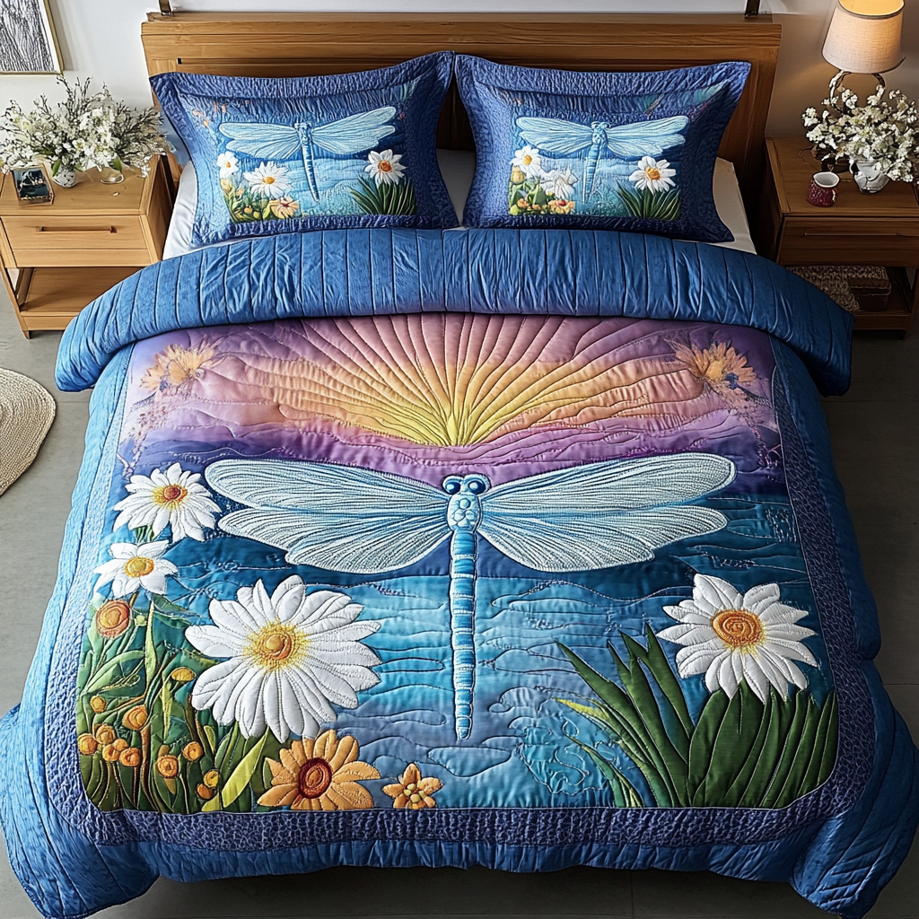 Evening Glide Quilted Bedding Set Unique Bed Sheet Set Dragonfly Themed Gifts