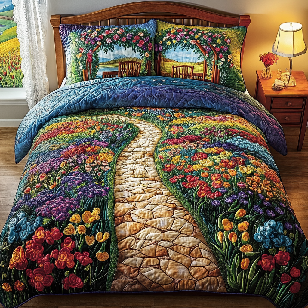 Evening Pathway Quilted Bedding Set Cool Bedroom Decor Presents For Flower Lovers