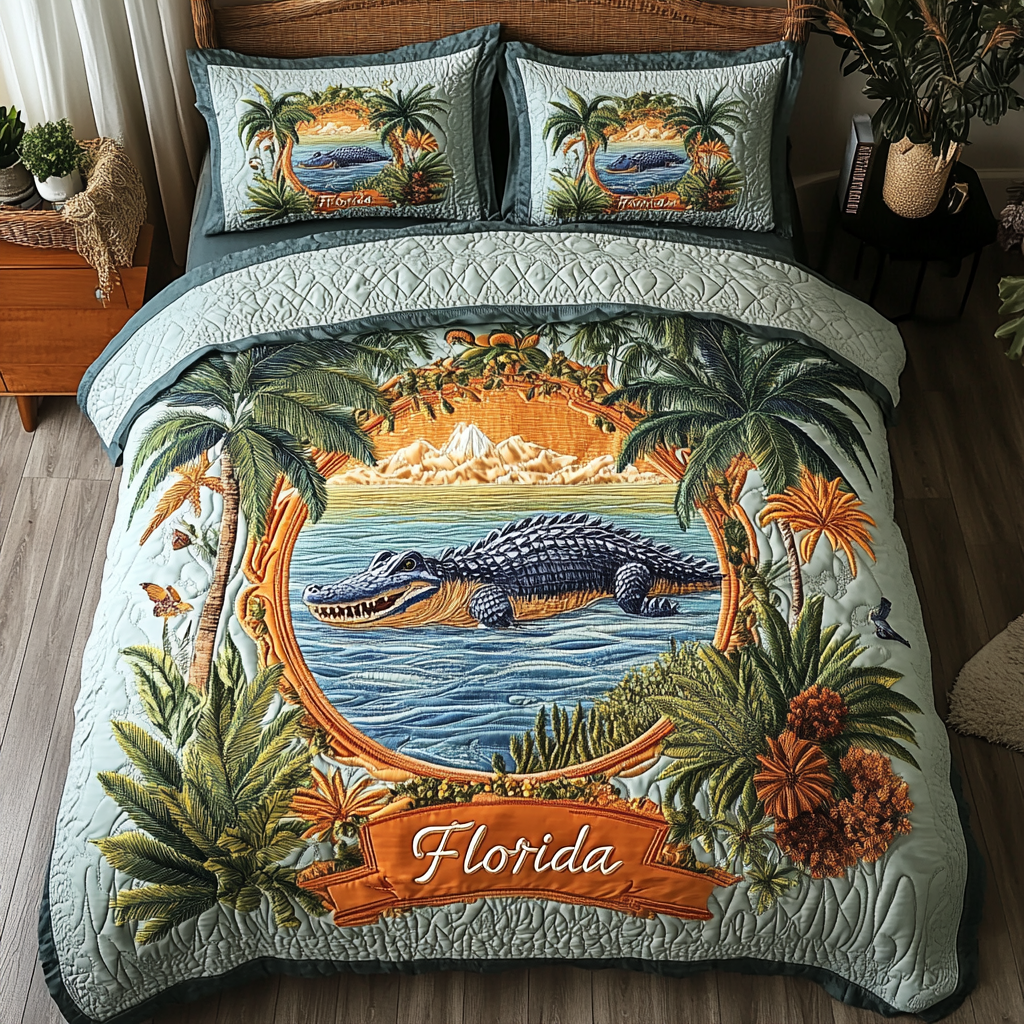 Everglade Chill Quilted Bedding Set Aesthetic Room Decor Gifts For Alligator Lovers