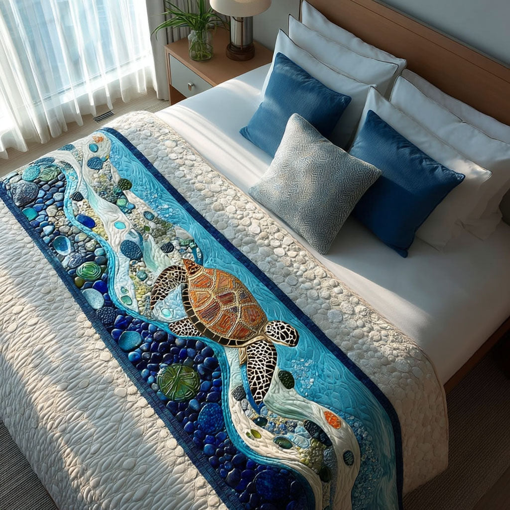 Everglade Explorer Quilted Bed Runner Cozy Bedroom Decor Sea Turtle Gifts For Him