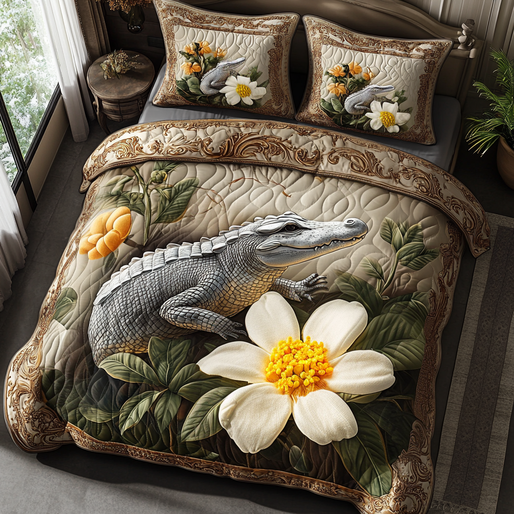Everglades Alligator Bloom Quilted Bedding Set Bedroom Decor Ideas Unique Alligator Gifts