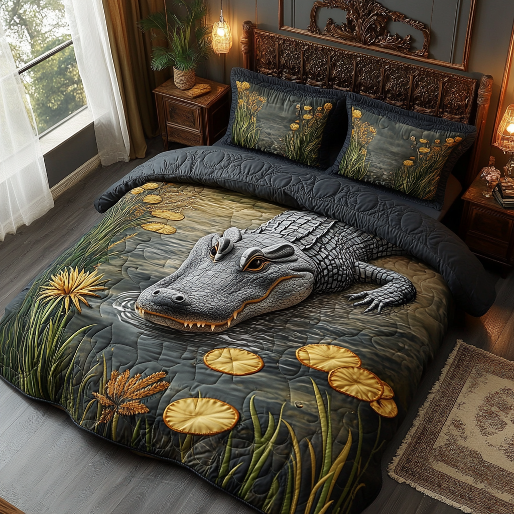 Everglades Alligator Track Quilted Bedding Set Cozy Bedroom Decor Crocodile Gifts Items