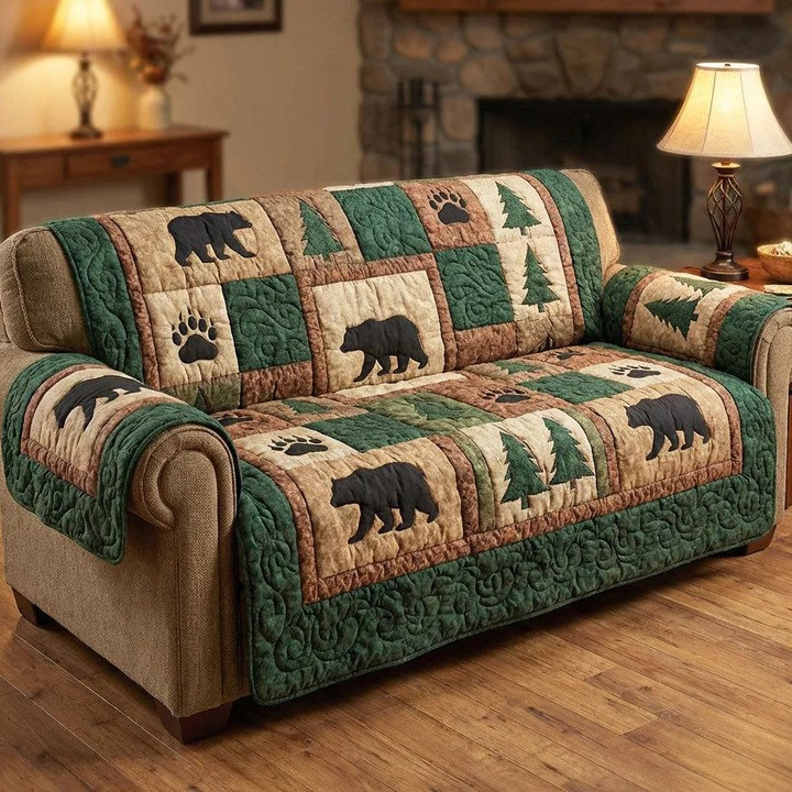 Evergreen Bear Quilted Sofa Cover Rustic Wildlife Furniture Protector Best Gift For Bear Lovers