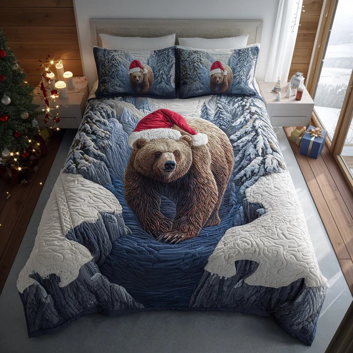 Evergreen Bear Trail 3-Piece Quilted Bedding Set Rustic Wildlife Bedspread Best Gift For Bear Fans