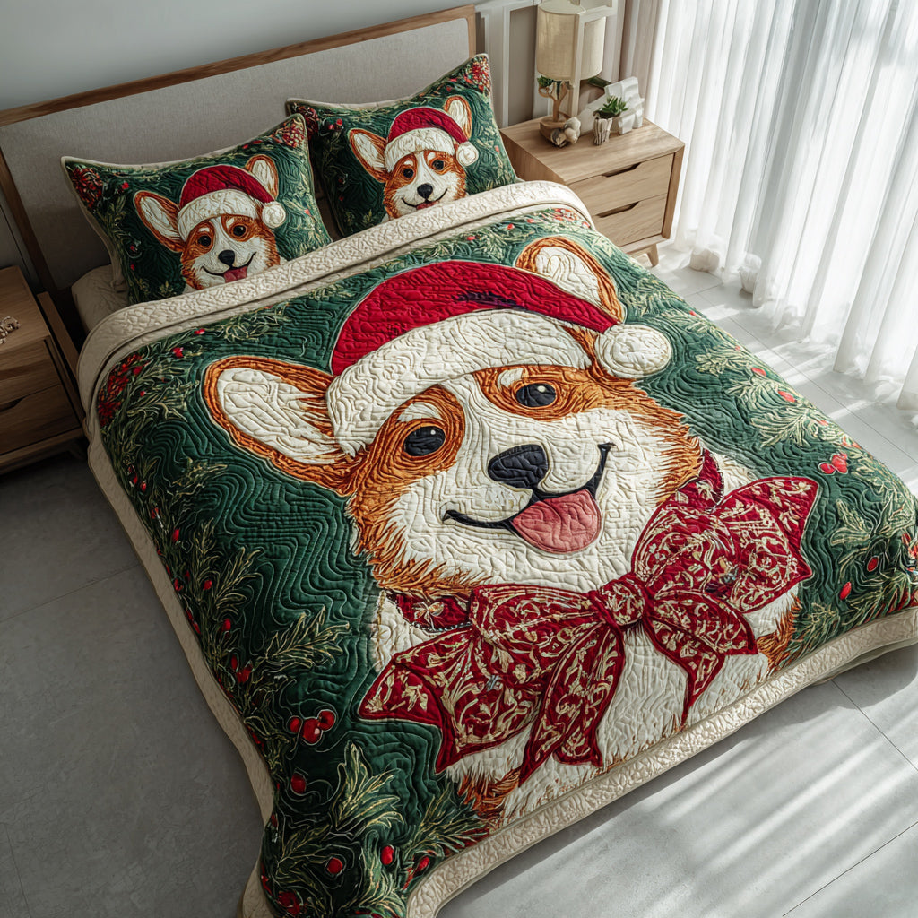 Evergreen Corgi Joy Quilted Bedding Set Christmas Duvet Cover Gifts For Corgi Lovers