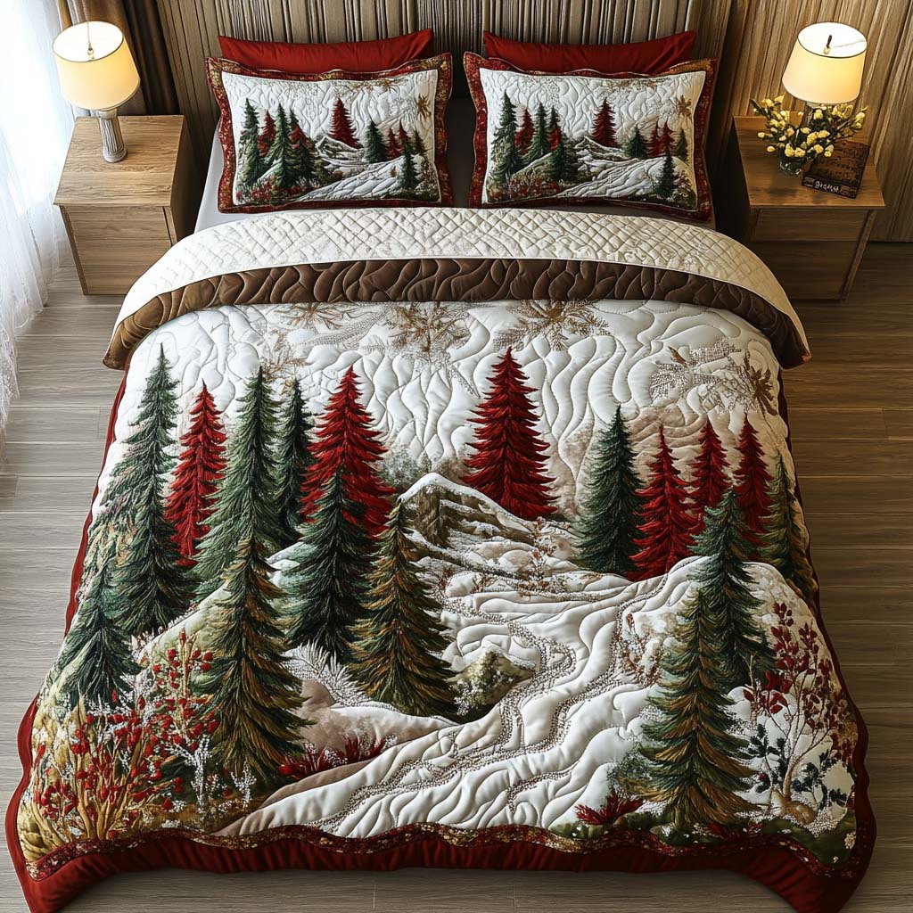 Evergreen Forest Quilted Bedding Set Holiday Season Duvet Cover Set Family Christmas Present Ideas