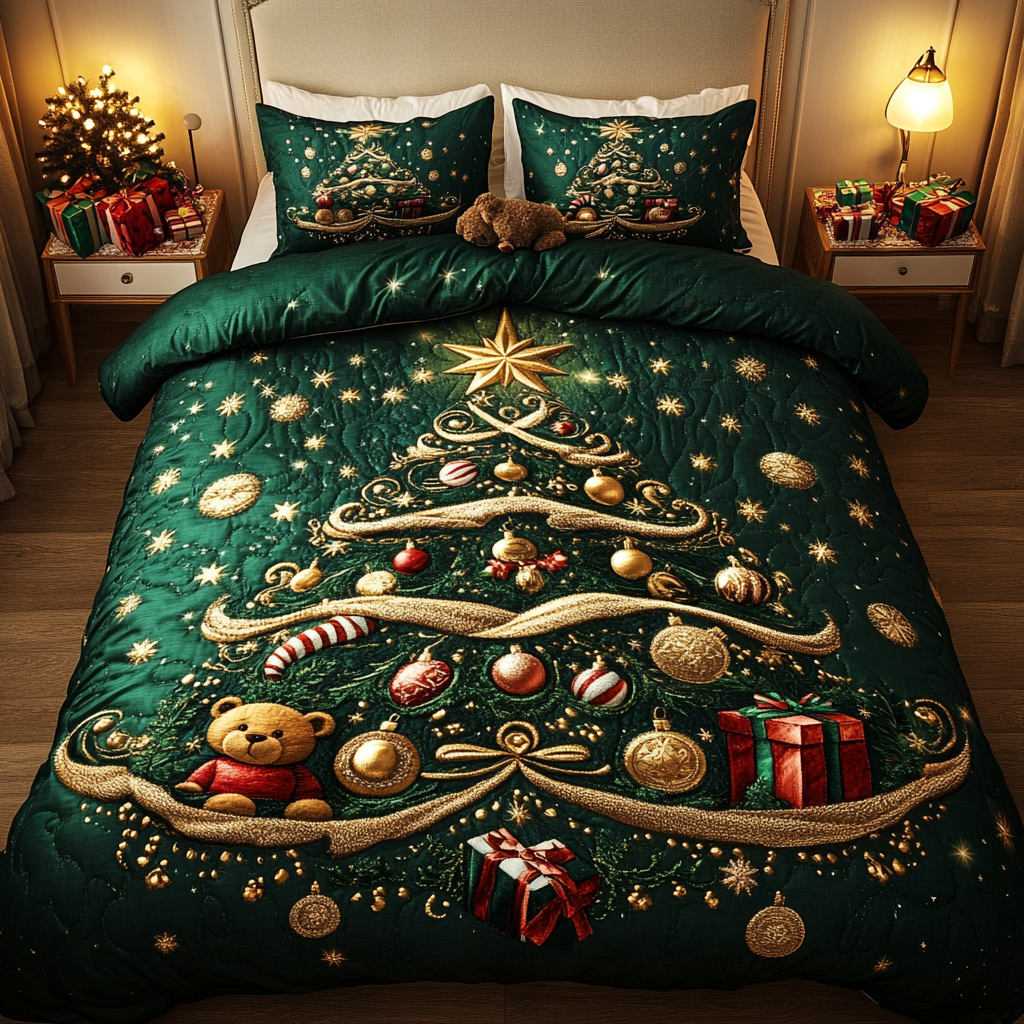 Evergreen Glow Quilted Bedding Set Full Size Sheets Holiday Gifts for Mom