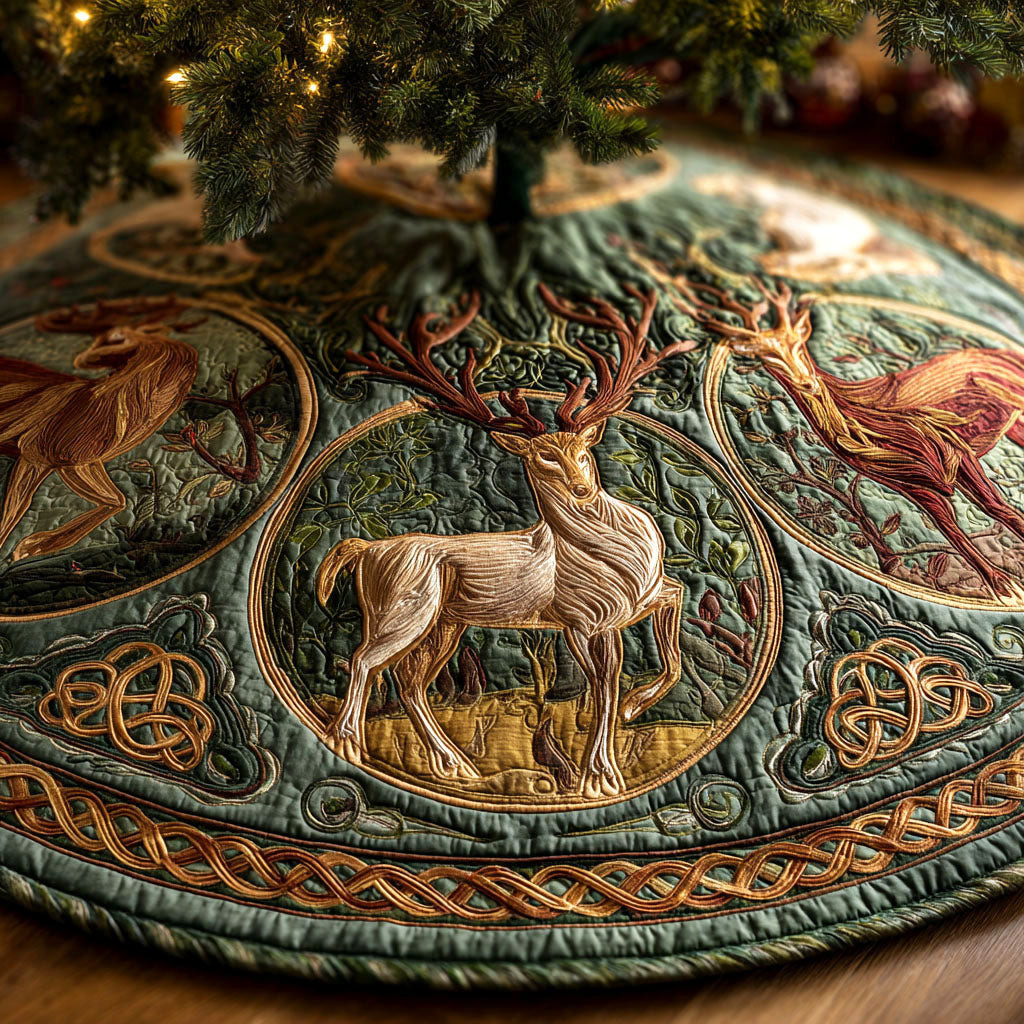 Evergreen Realm Christmas Quilted Tree Skirt Animal Themed Christmas Decor Deer Lover Xmas Gift