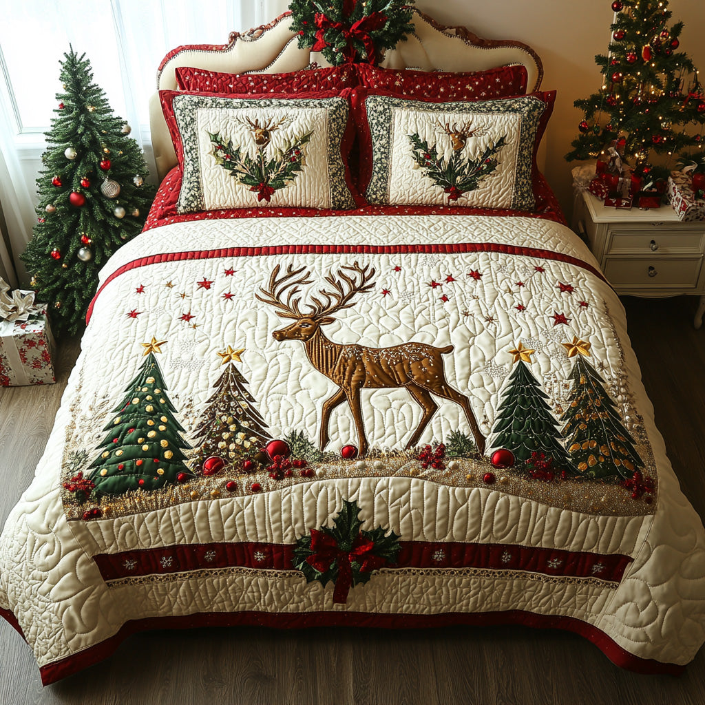 Evergreen Reindeer Quilted Bedding Set Lightweight Duvet Cover Set for Year-Round Comfort