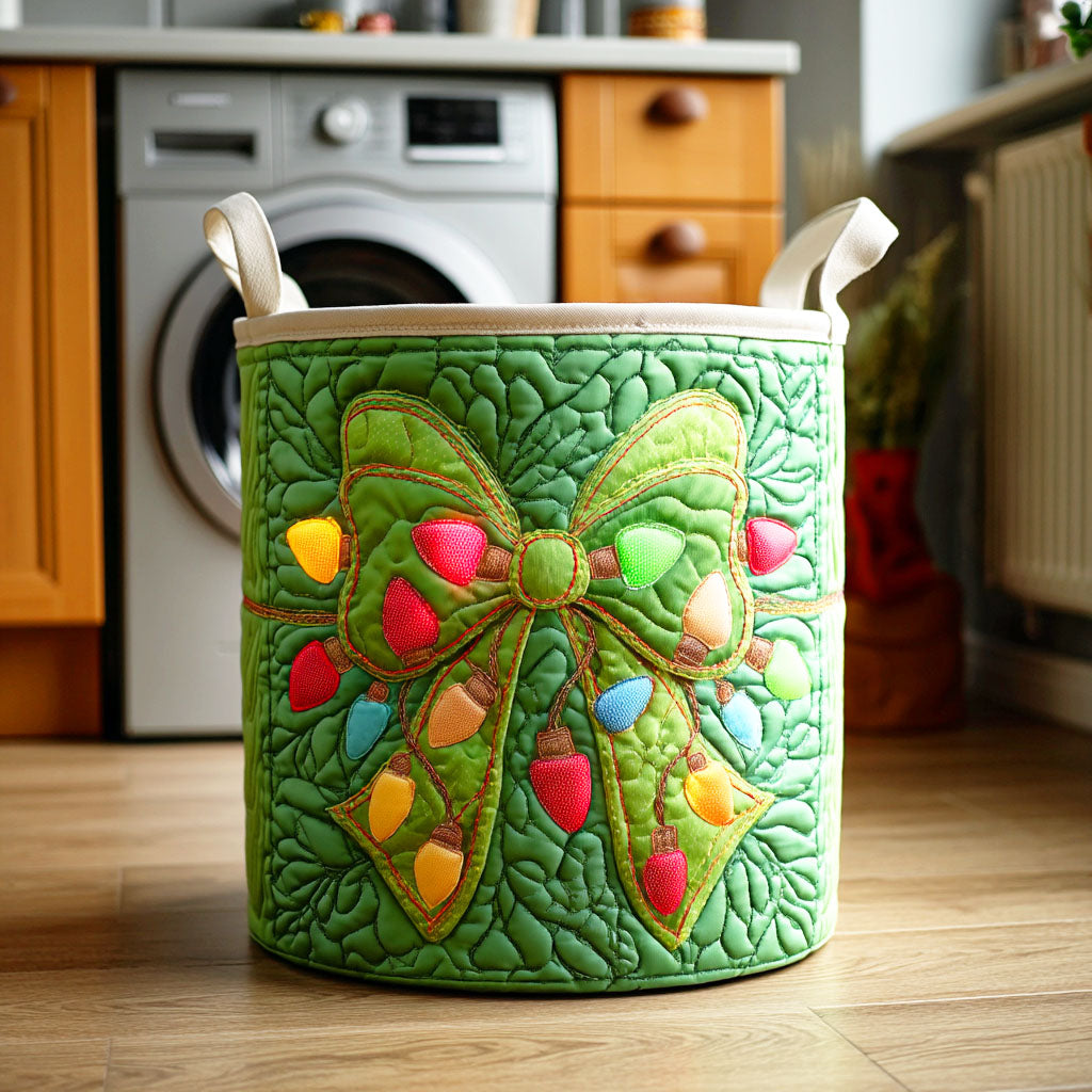 Evergreen Ribbon Charm Quilted Laundry Basket Elegant Quilted Laundry Bin for Bedroom and Bathroom