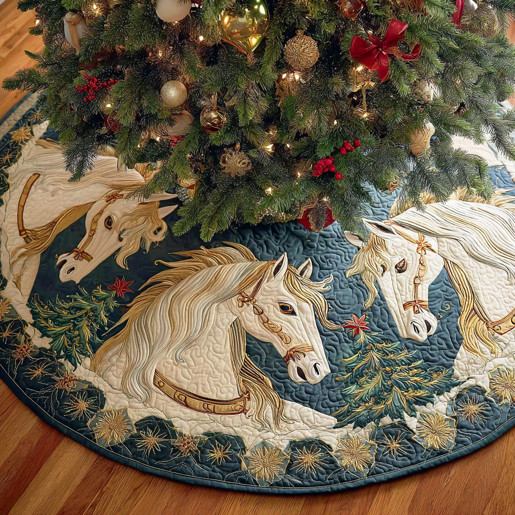 Evergreen Trail Horse Christmas Quilted Tree Skirt Luxury Quilted Christmas Tree Skirt for Family Celebration
