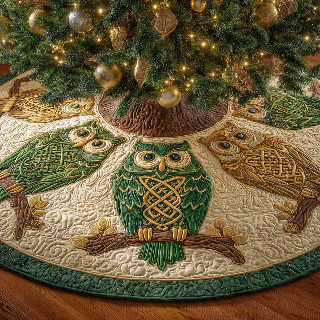 Evergreen Wisdom Quilted Tree Skirt Xmas Tree Cover Base Owl Christmas Presents