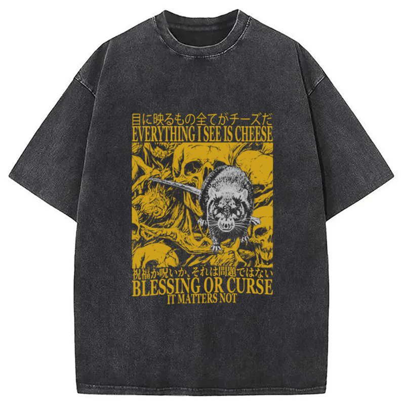 Everything I See is Cheese Vintage Japanese Rat Washed T-Shirt Funny Aesthetic Trendy Apparel Gifts For Him