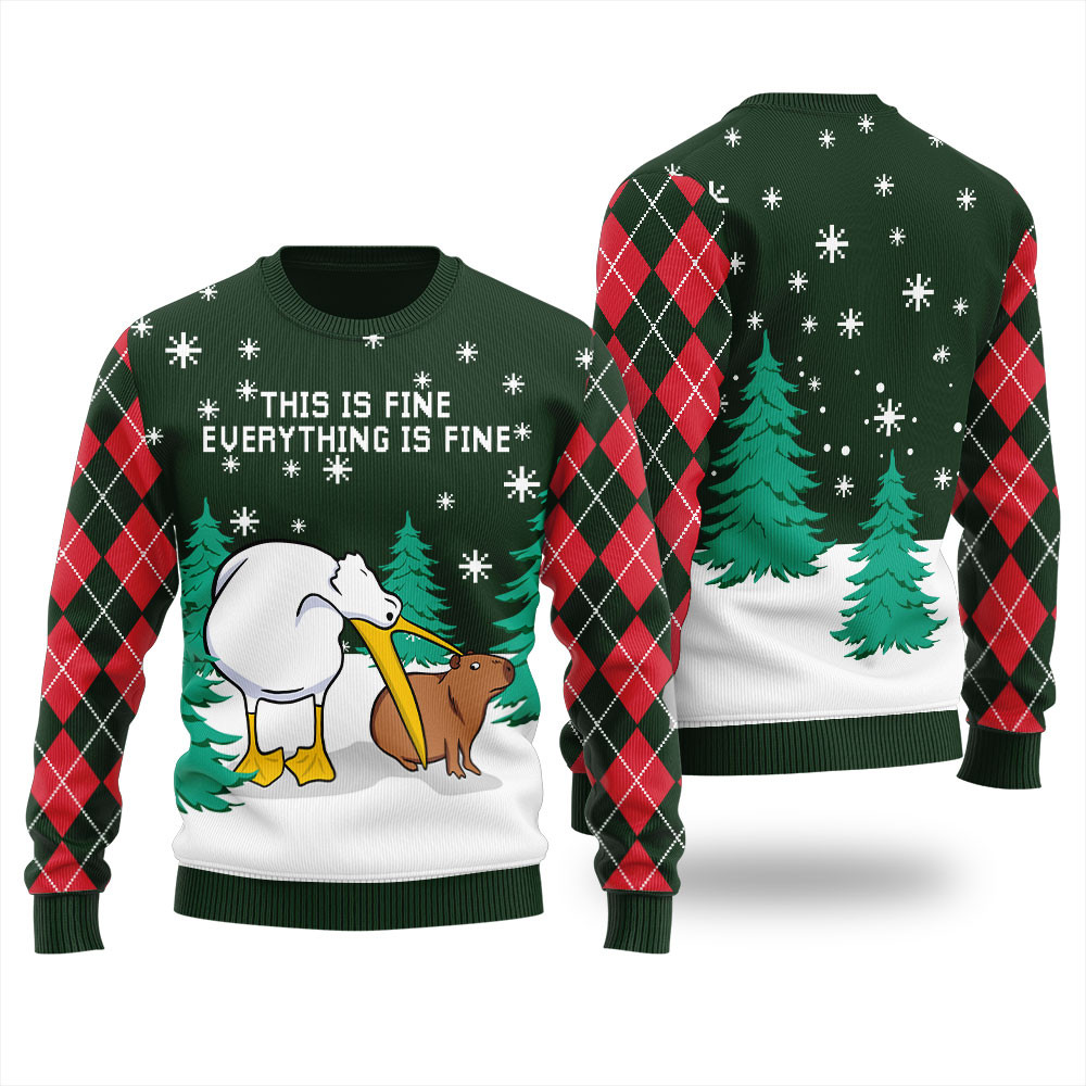 Everything Is Fine Capybara Mens Ugly Christmas Sweater Cute Christmas Sweatshirt for Holiday Spirit