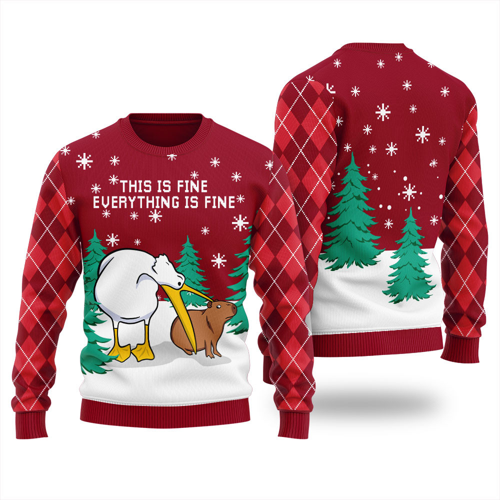 Everything Is Fine Capybara Ugly Christmas Sweater Adults Stylish Winter Sweatshirt for Everyday Wear