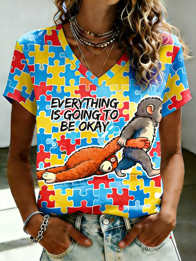 Everything Is Going To Be Okay V-Neck Shirt Autism Awareness Puzzle Clothing Gift Ideas