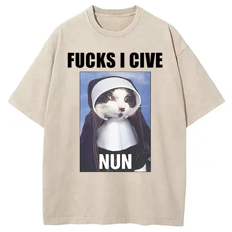 F cks I give Nun Cat Washed T-Shirt Retro Streetwear Graphic Top Gifts For Her