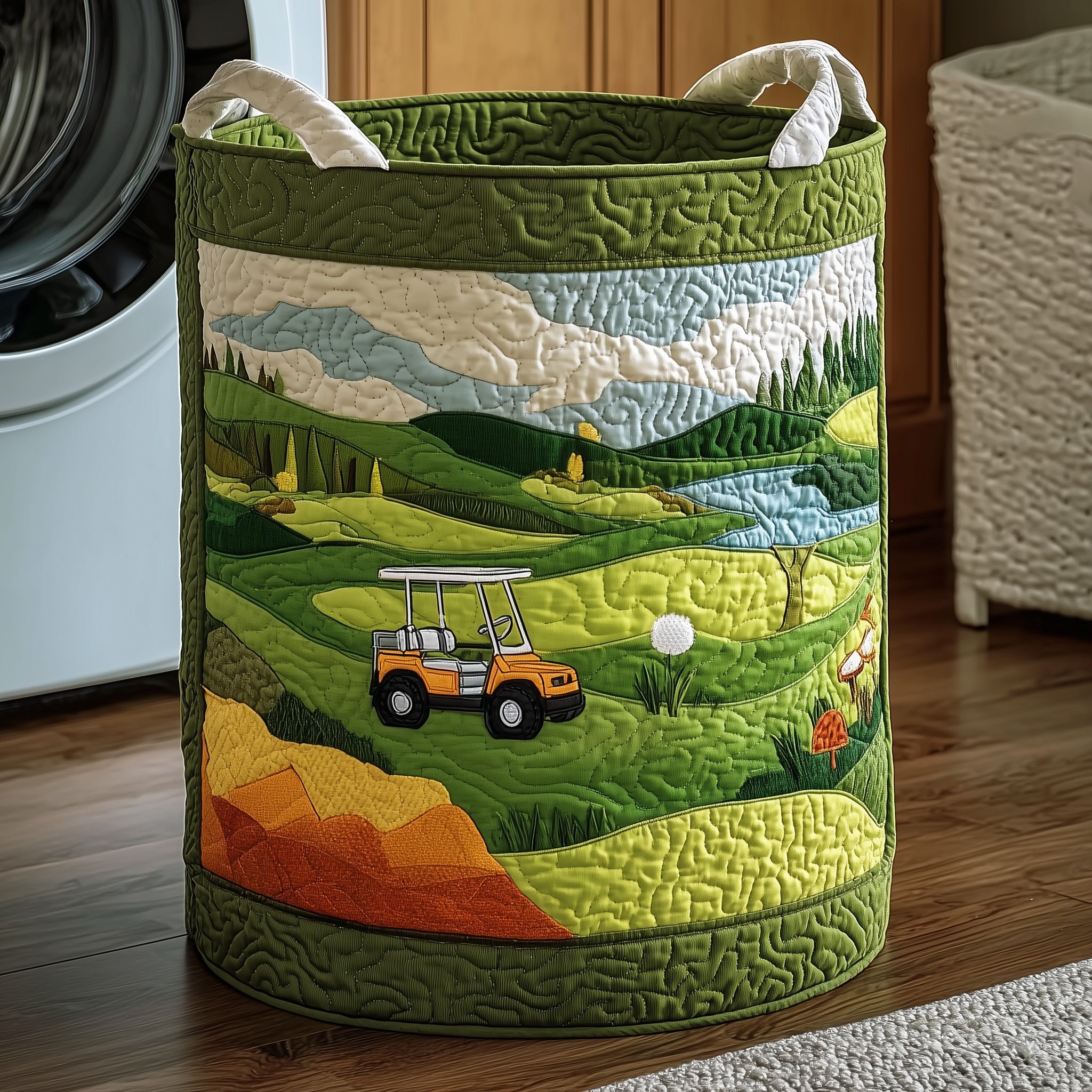 Fairway Dreams Quilted Laundry Basket Stylish Fabric Clothes Hamper Gift For Dad