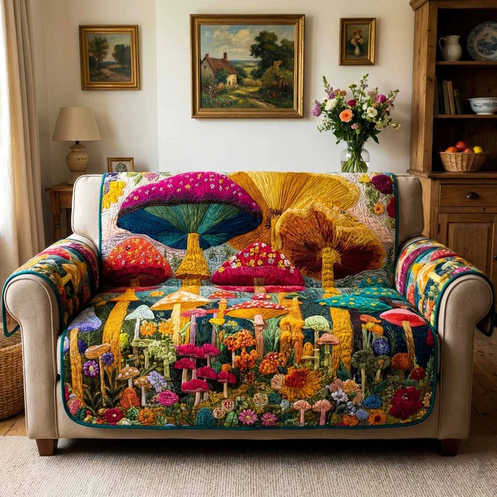 Fairy Harvest Quilted Sofa Cover Cottagecore Mushroom Nature Furniture Protector Gift For Her