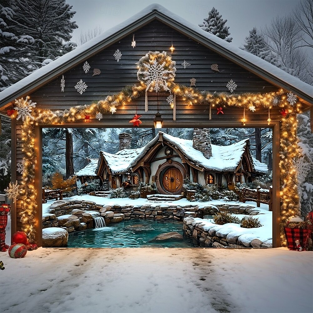 Fairy Tale Winter Cottage Christmas Garage Door Cover Winter Outside Home Decoration Gifts