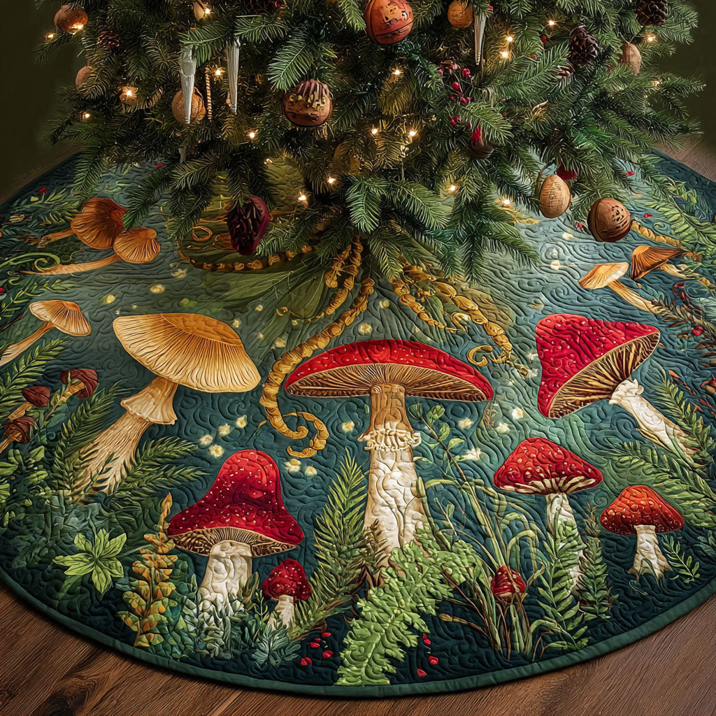 Fairy Woods Christmas Quilted Tree Skirt Winter Home Decor Christmas Gifts For Mushroom Lovers