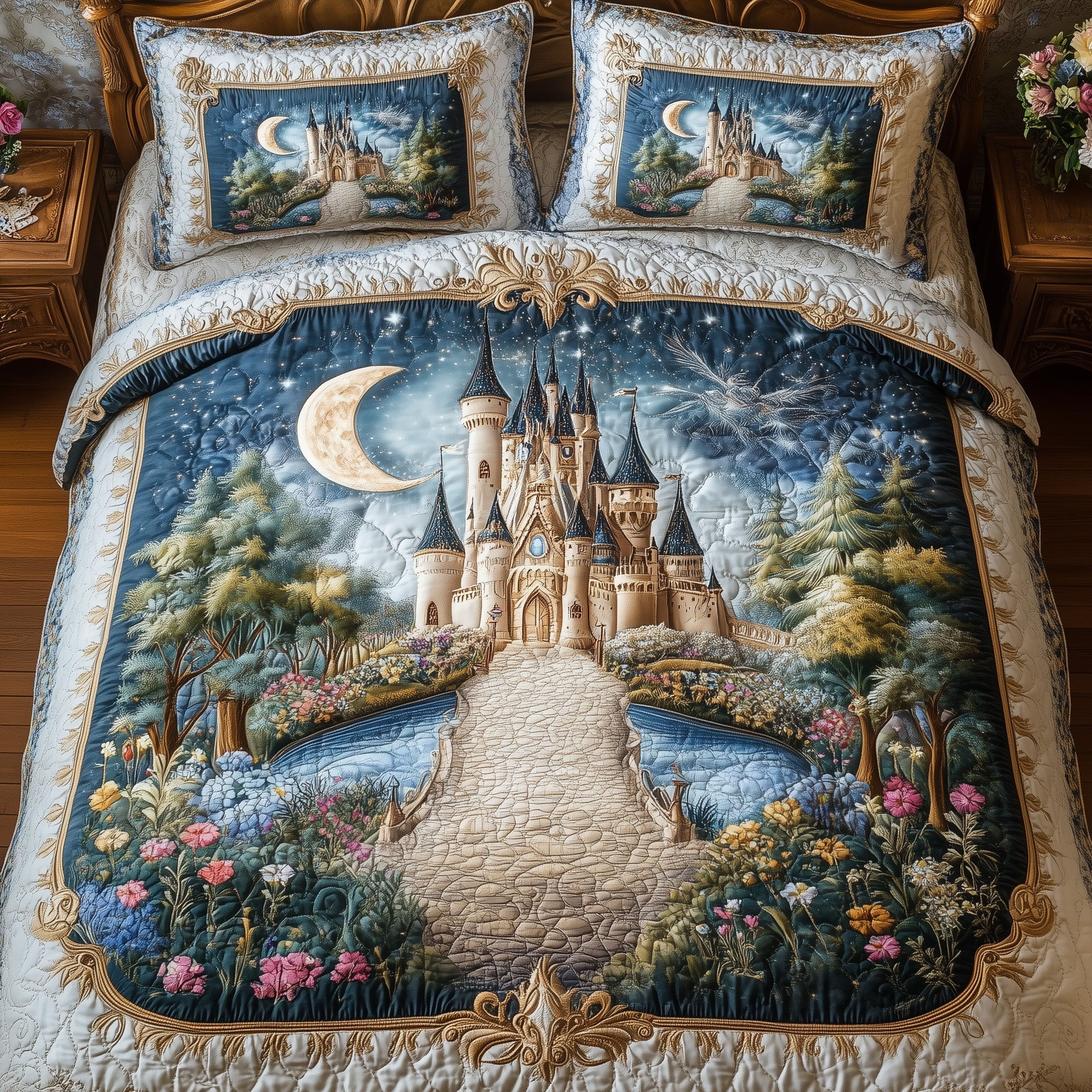 Fairytale Castle Quilted Bedding Set Duvet Cover Bedspread Christmas For Wife