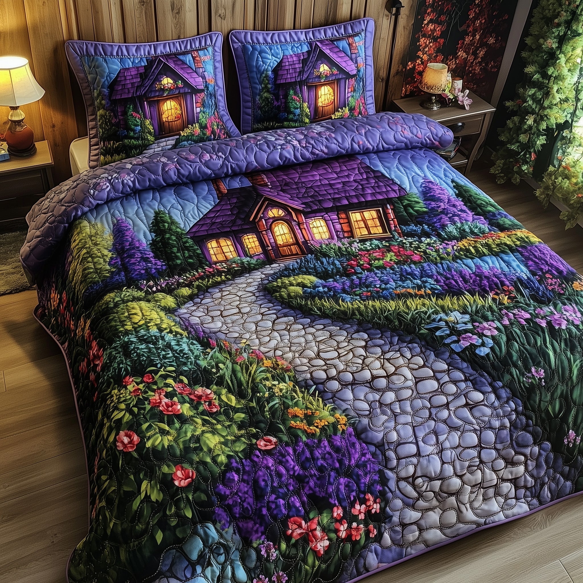 Fairytale Cottage Quilted Bedding Set Duvet Cover Merchandise Gardening Gifts For Men
