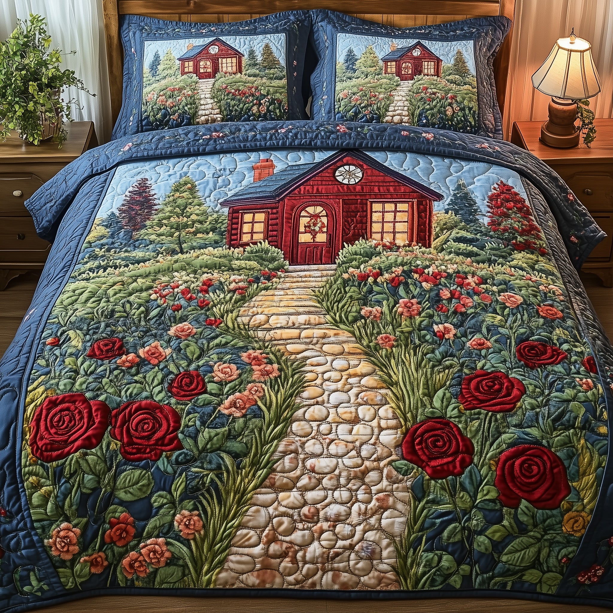 Fairytale Cottage Quilted Bedding Set Duvet Cover Merchandise Gardening Gifts For Mom