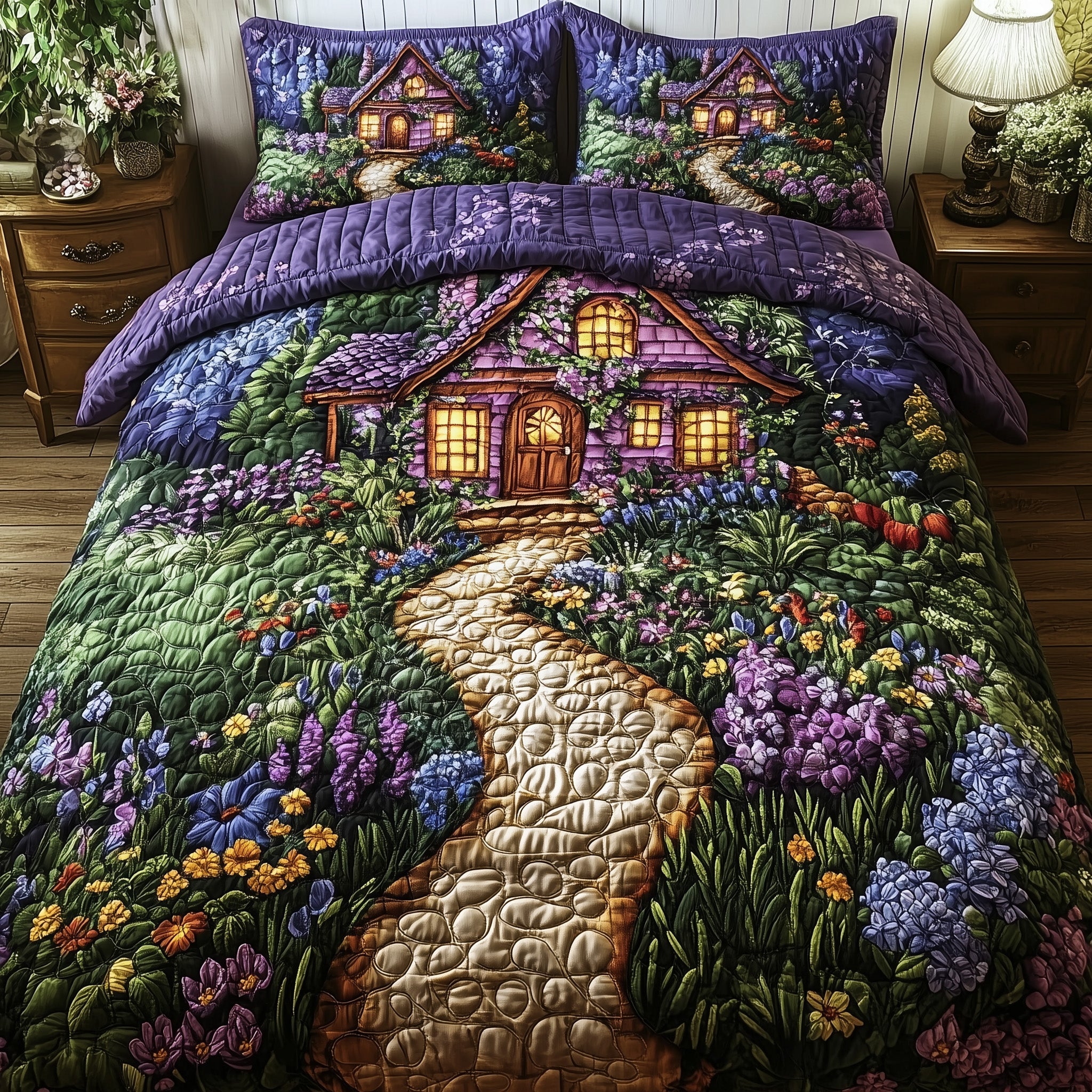 Fairytale Cottage Quilted Bedding Set Duvet Cover Merchandise Gifts For Plant Lovers