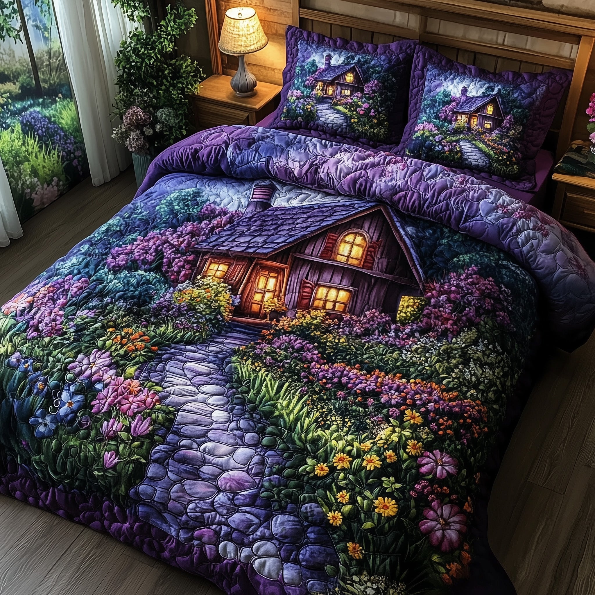 Fairytale Cottage Quilted Bedding Set Duvet Cover Merchandise Great Gifts For Garden Lovers