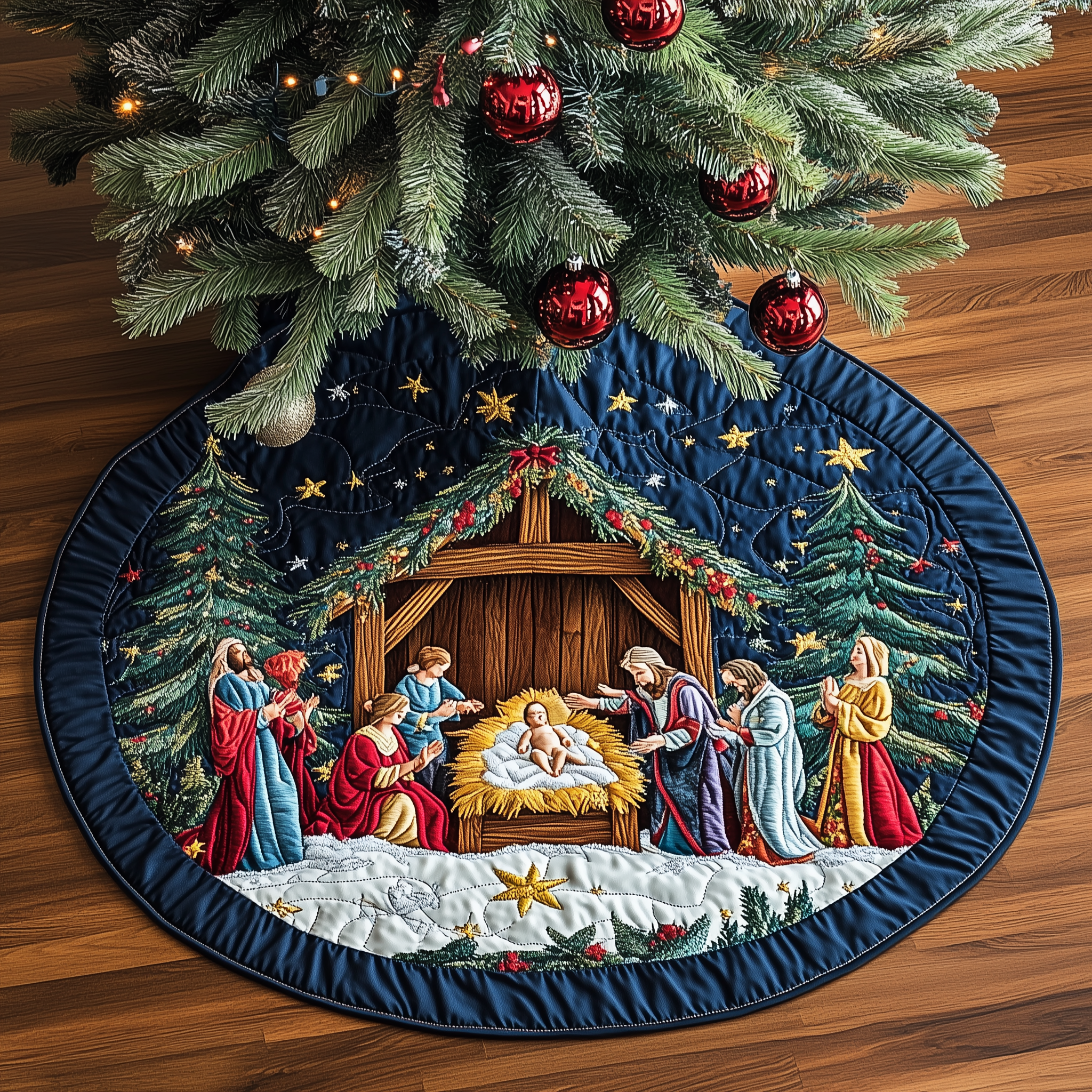 Faith&God Quilted Tree Skirt Xmas Indoor Tree Base Decorations Christian Holiday Gifts