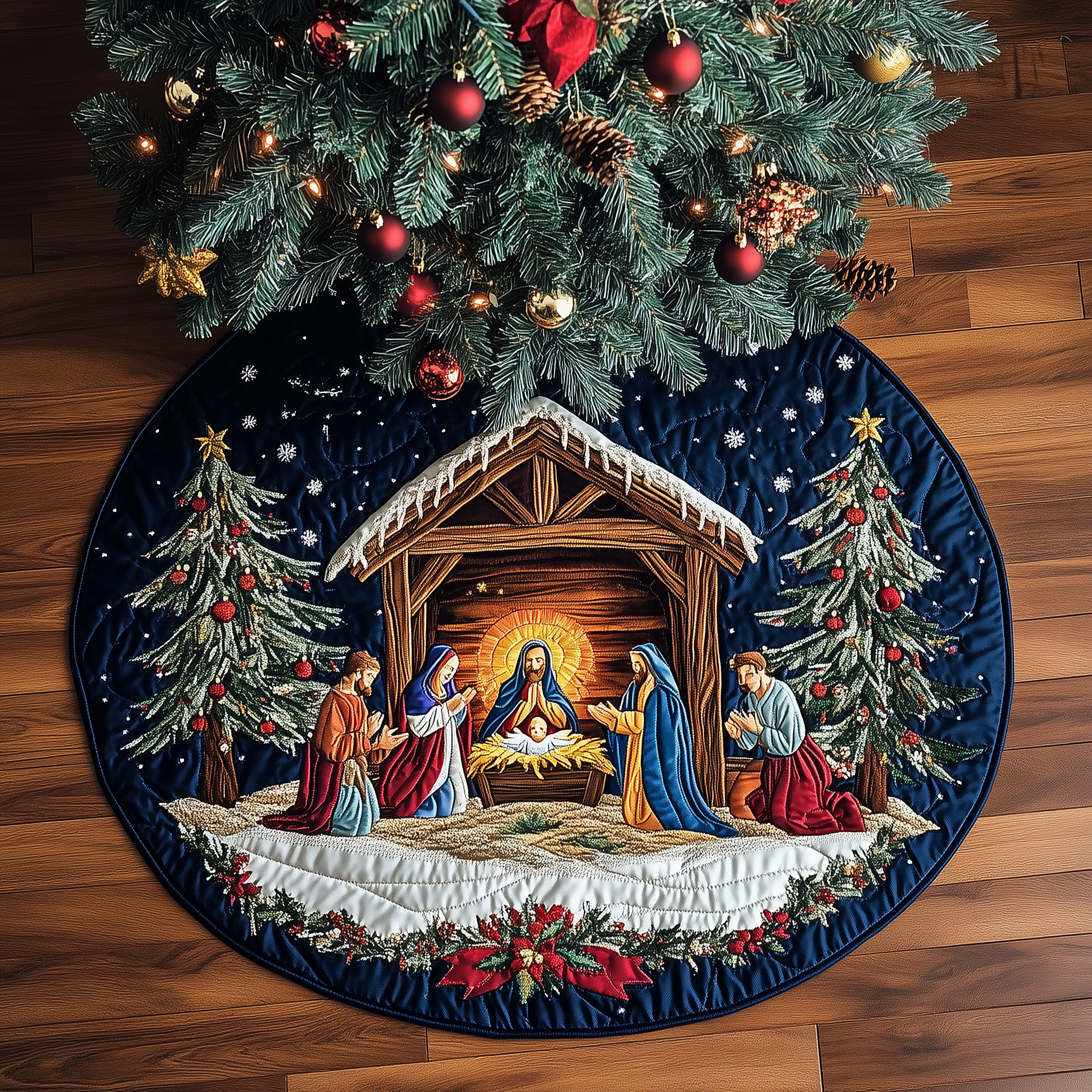 Faith&God Quilted Tree Skirt Xmas Tree Surround Decorations Christ Centered Christmas Gifts Family