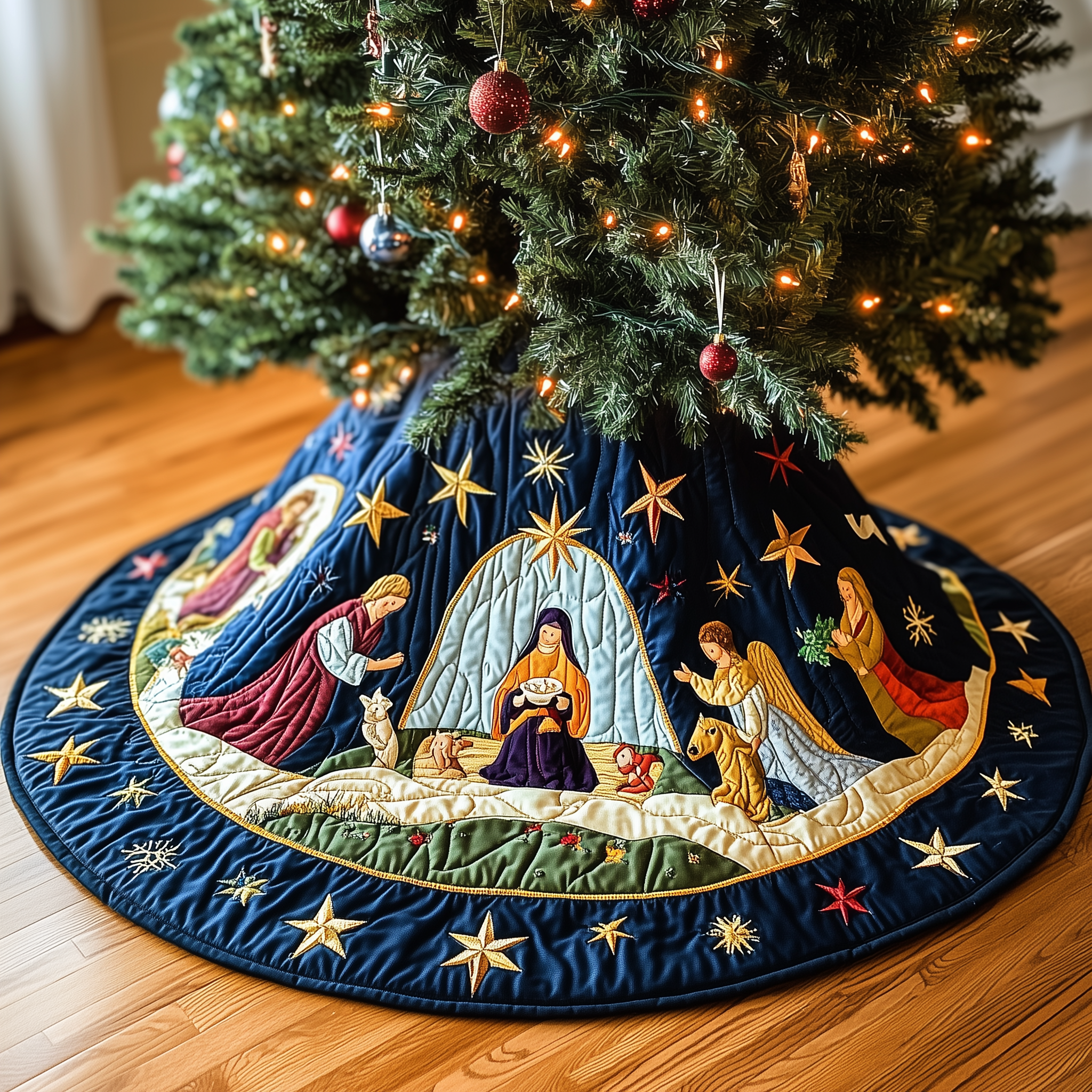 Faith&God Quilted Tree Skirt Xmas Tree Surround Decorations Christ Centered Christmas Gifts Family