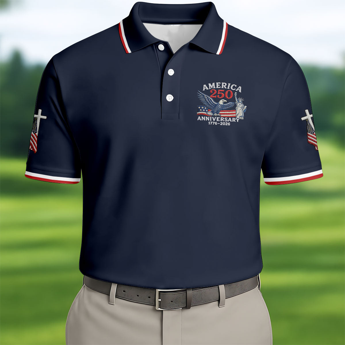 Faith Cross America 250 Anniversary Golf Polo Shirt Best Golf Shirts Golf Gifts For Dad