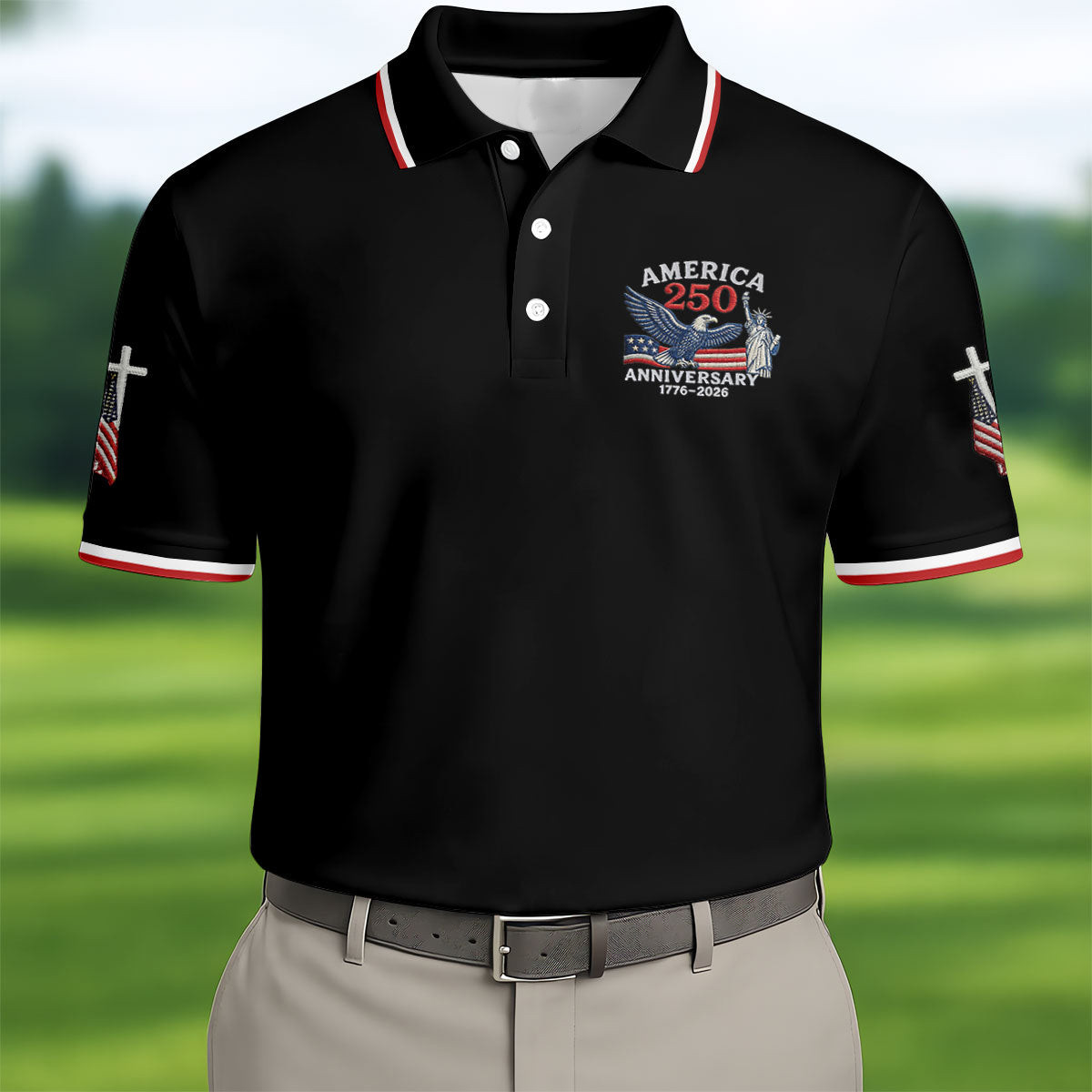 Faith Cross America 250 Anniversary Golf Polo Shirt Mens Golf Outfit Awesome Golf Gifts