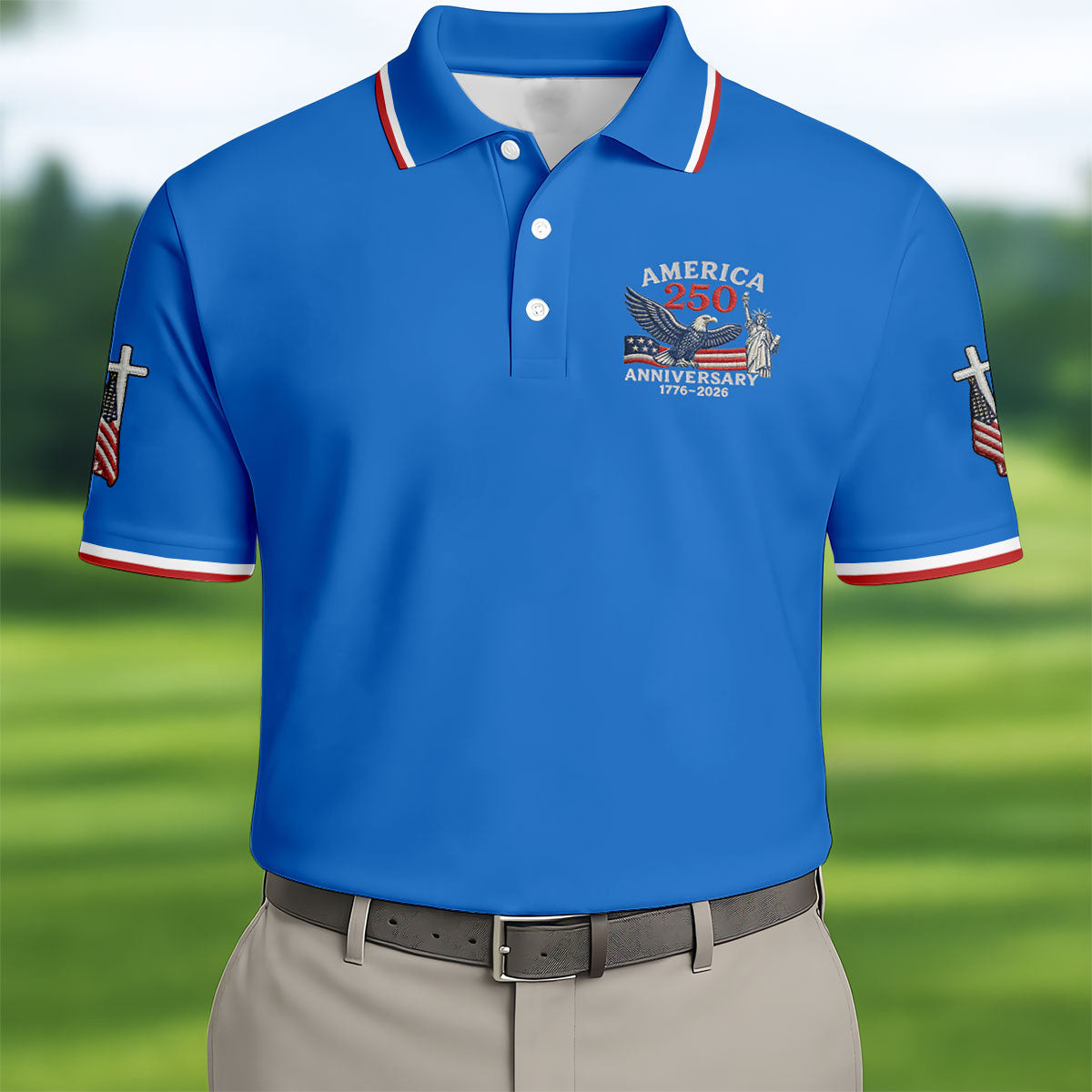 Faith Cross America 250 Anniversary Golf Polo Shirt Mens Golf Outfit Golf Presents For Dad