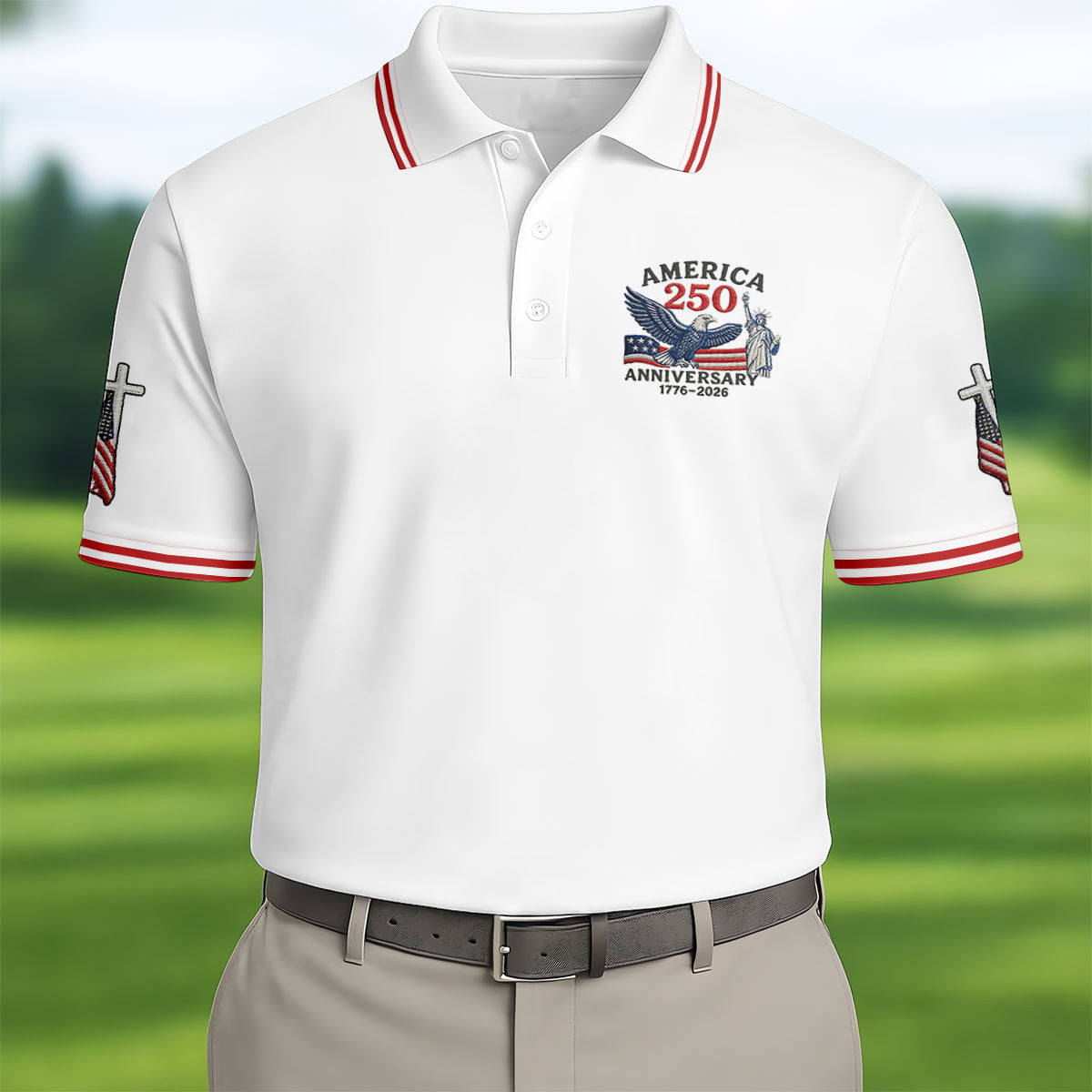 Faith Cross America 250 Anniversary Golf Polo Shirt Mens Polo Shirts Best Golf Gifts Men