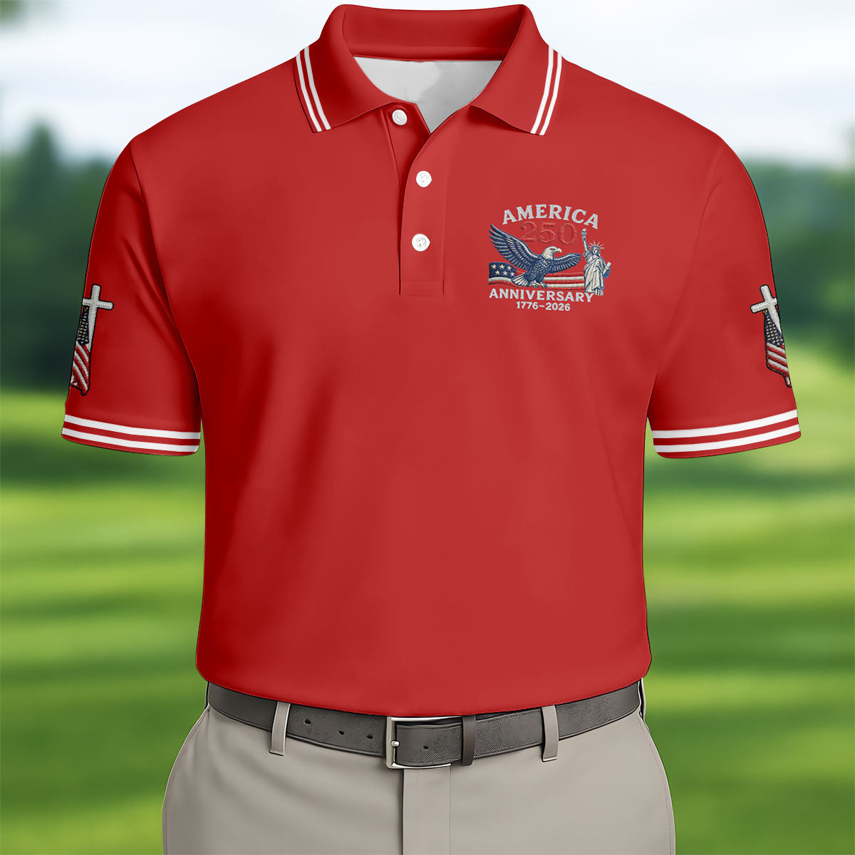 Faith Cross America 250 Anniversary Golf Polo Shirt Modern Golf Apparel Golf Presents For Dad