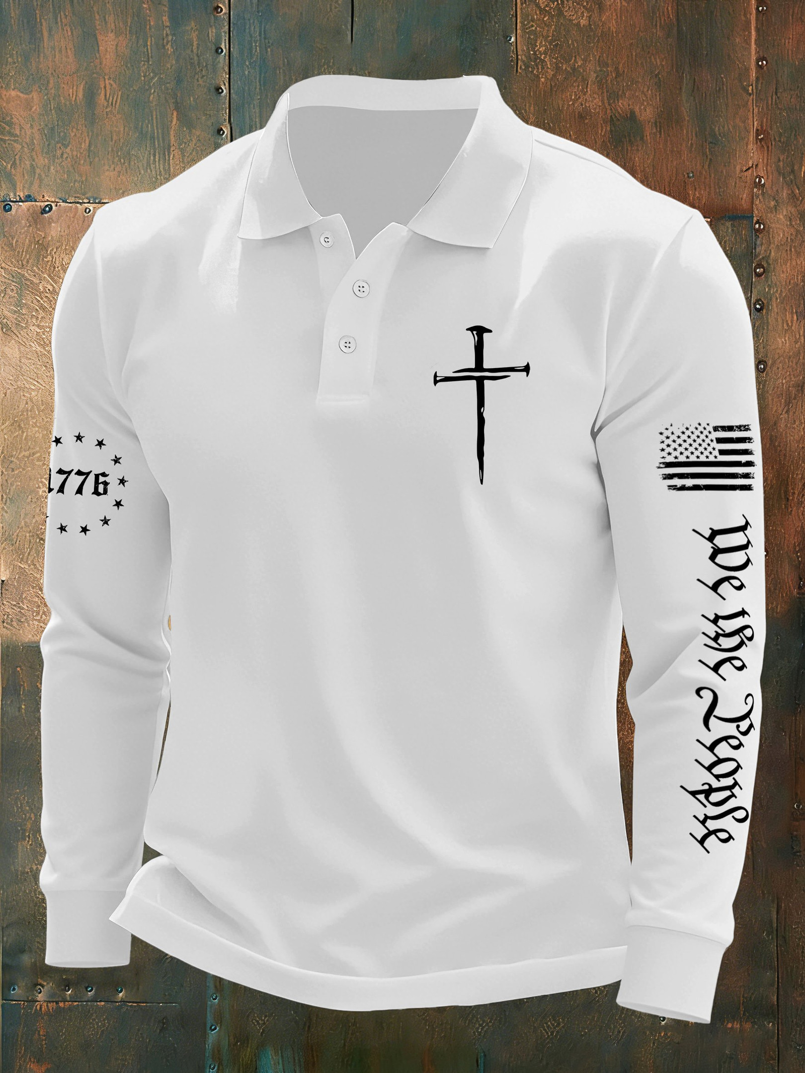 Faith Cross American Flag Long Sleeve Polo Shirt USA 250th Anniversary We The People Apparel