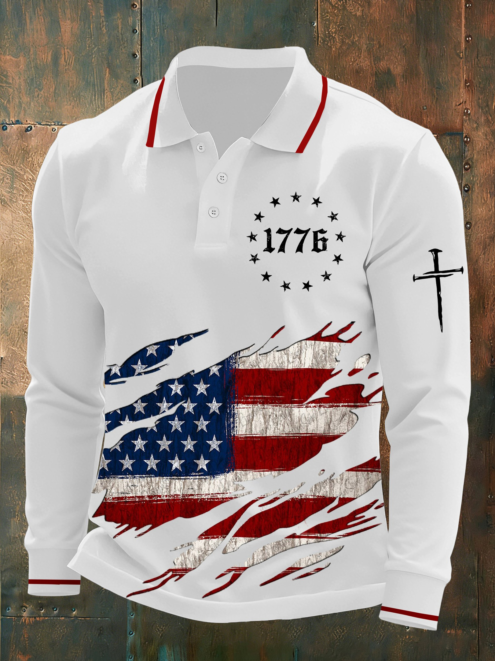 Faith Cross American Flag Long Sleeve Polo Shirt USA 250th Birthday 4Th Of July Apparel