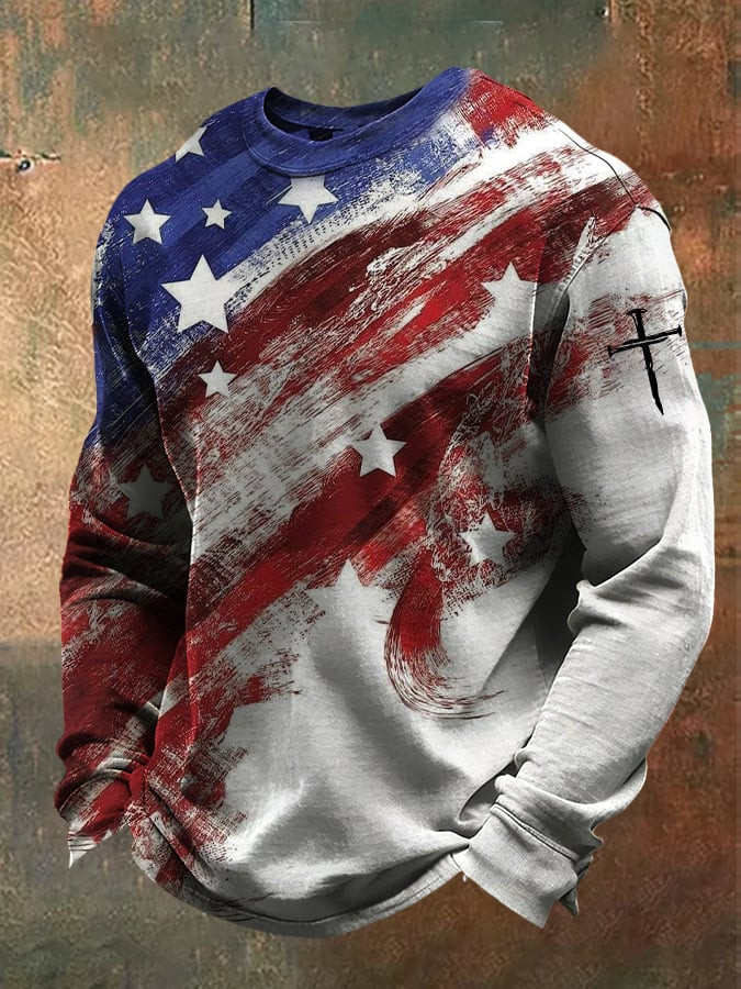 Faith Cross American Flag Long Sleeve Shirt Men's Patriotic Apparel Religious Gifts