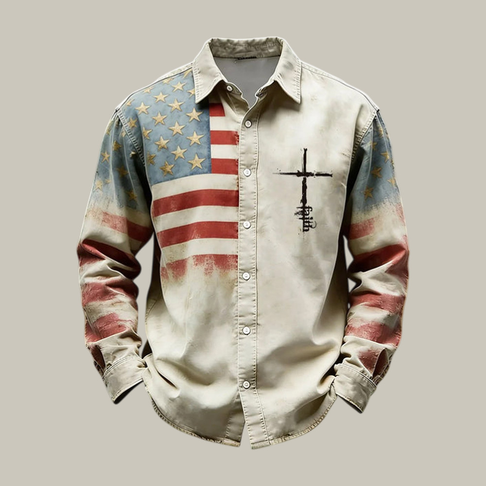 Faith Cross American Flag Pattern Polo Long Sleeve Shirt Faith In Jesus Apparel Christian Gift For Dad