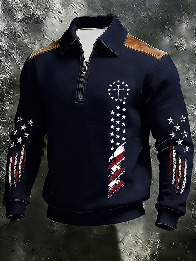 Faith Cross American Flag Quarter Zip Sweatshirt Retro Christian Apparel Patriotic Gifts Ideas