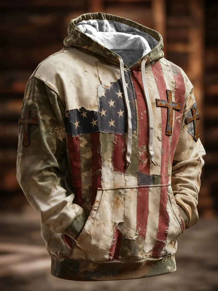 Faith Cross American Patriot Oversized Hoodie Men Christian Apparel Best Gift For Believers