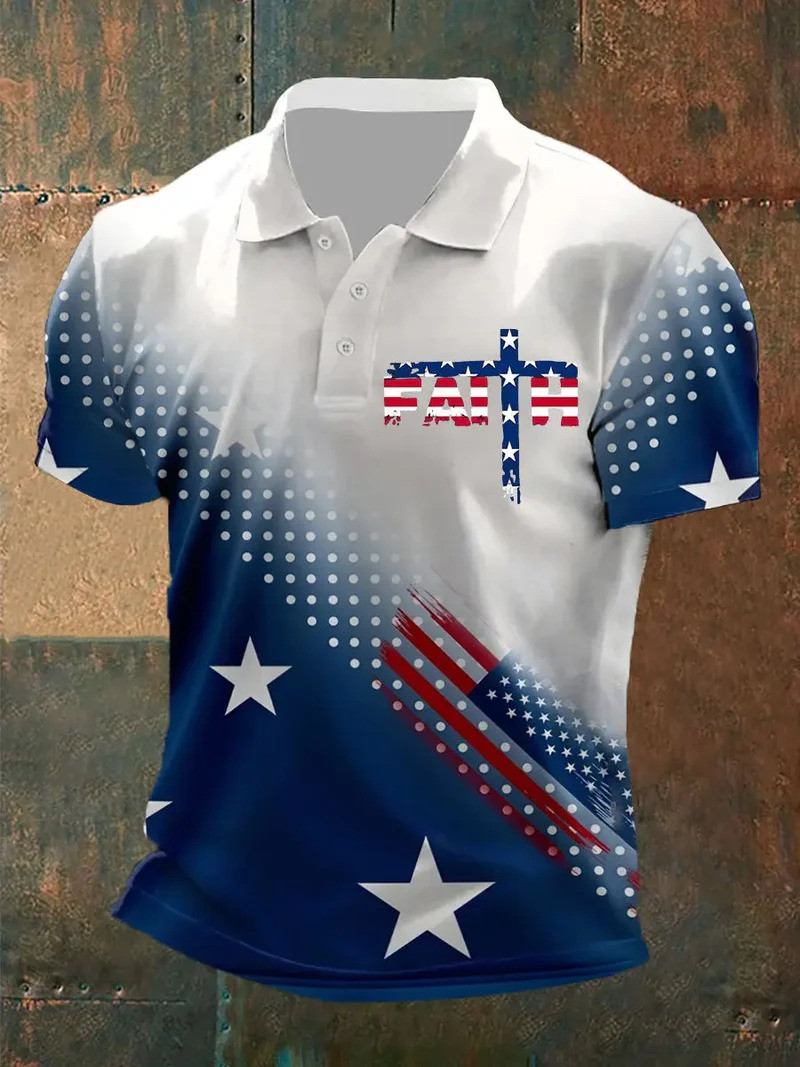 Faith Cross American Polo Shirt Patriotic Christian Apparel Stars And Stripes Gift For Believers