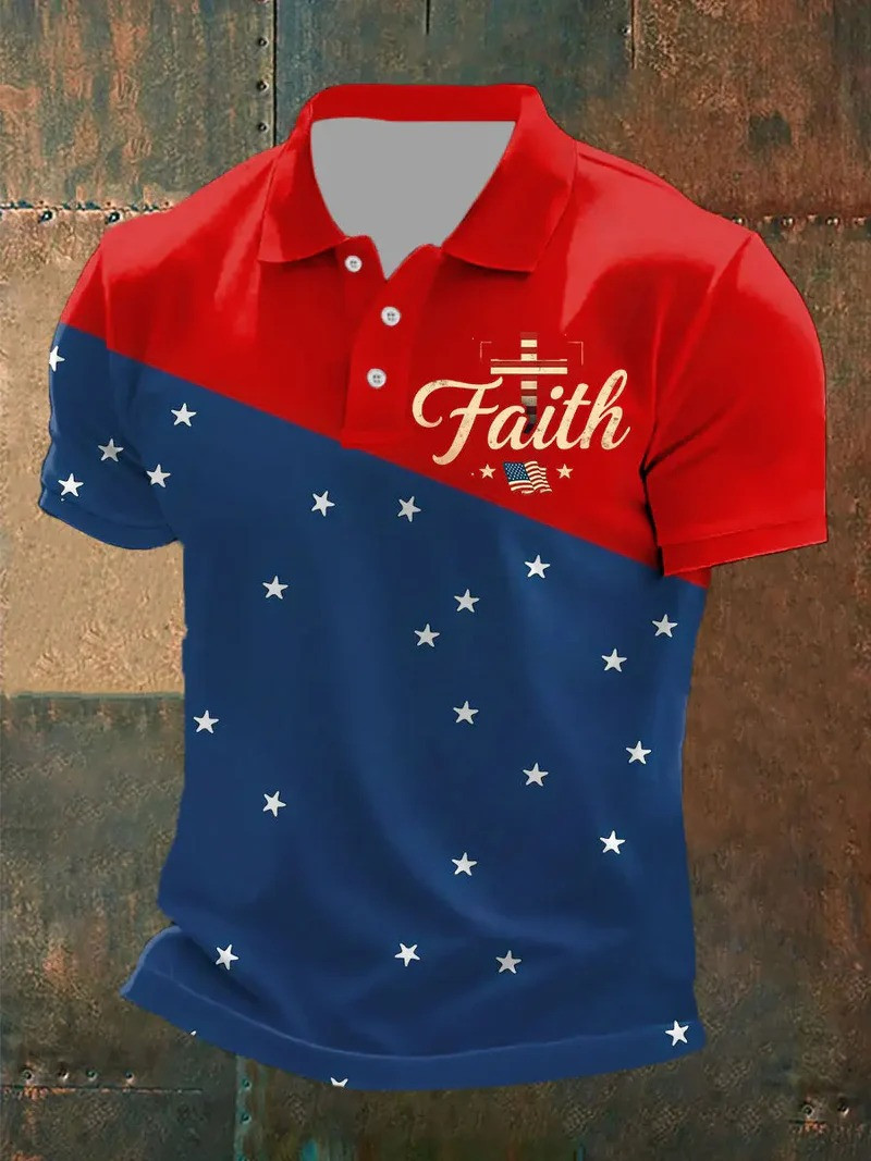 Faith Cross American Polo Shirt Patriotic Christian Stars Apparel Inspirational Gift For Believers