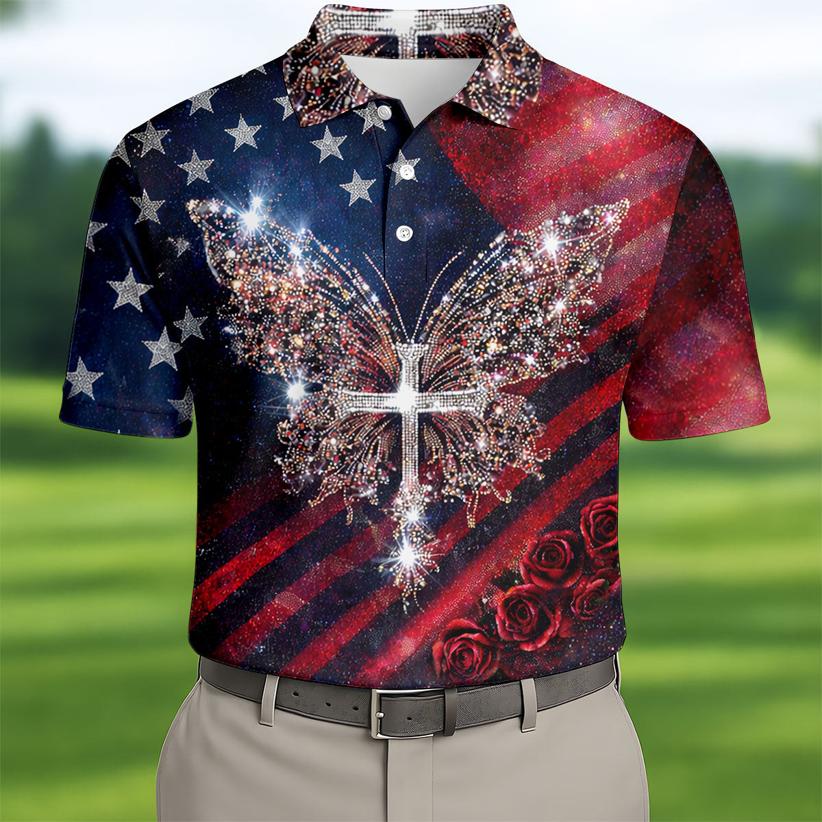 Faith Cross Butterfly Golf Polo Shirt 4Th Of July Golf Shirts Golf Gifts For Dad