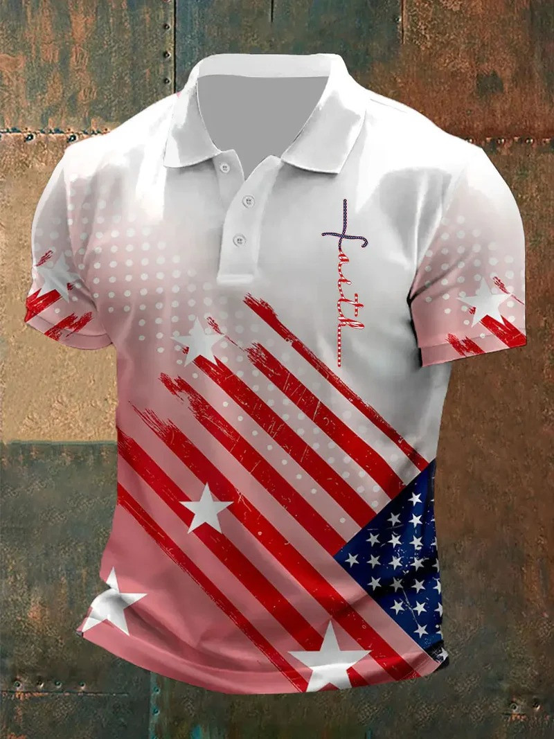 Faith Cross Christian Polo Shirt American Patriotic Stars And Stripes Apparel Gift For God Believers