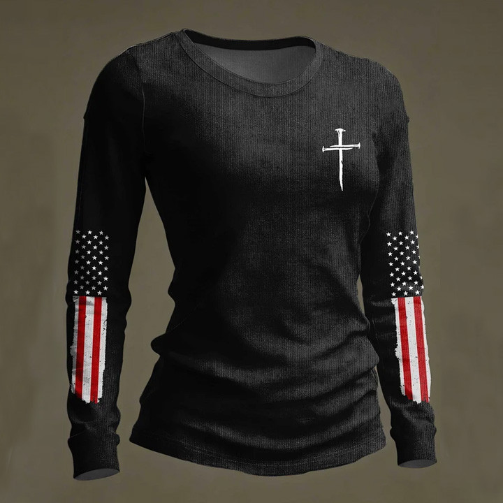 Faith Cross Design Long Sleeve Shirt American Flag Apparel Patriotic Mother Gift