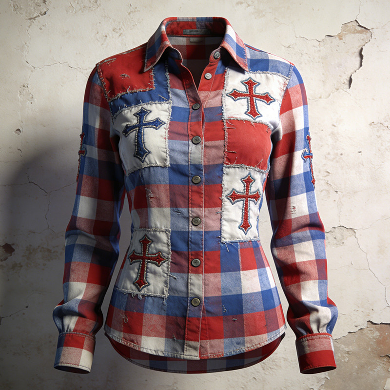 Faith Cross Graphic Button Up Long Sleeve Shirt Semiquincentennial Merchandise Gift Ideas